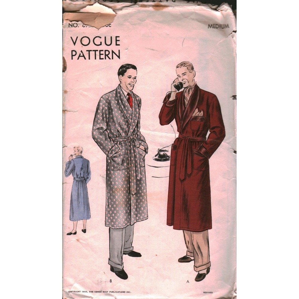 Vintage 1950 Vogue 8753 Mens Robe Sewing Pattern Shawl Collar Size Medium 38-40